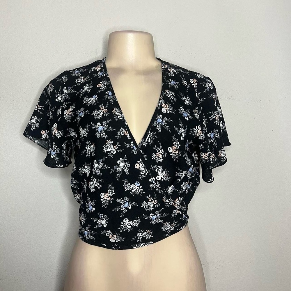 Black wrap top with floral pattern